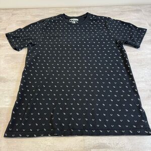 True Religion Shirt Mens Medium Black All Over Print Horseshoe TR Logo